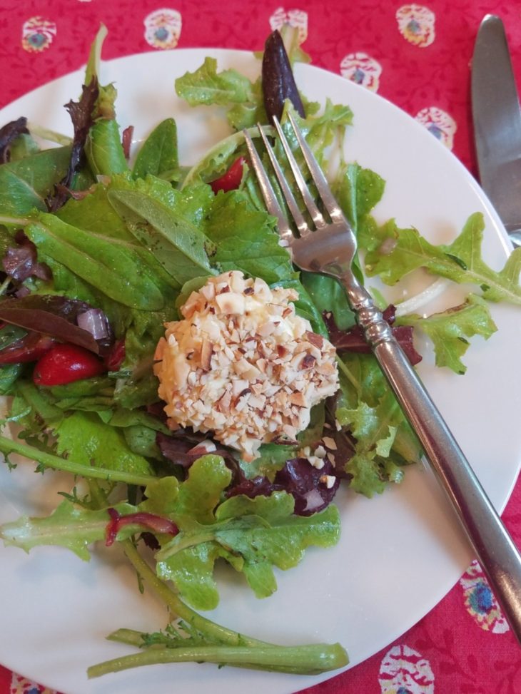 Fresh Greens and Cherry Salad with Warm Goat Cheese