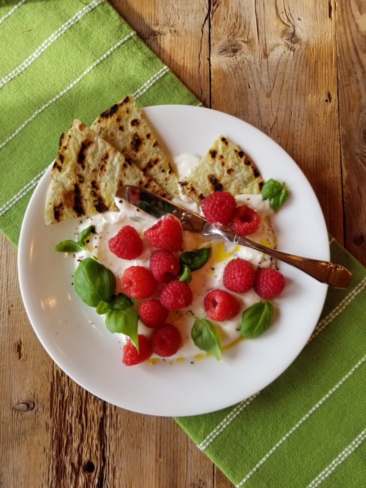 Raspberries with Goat Cream and Basil